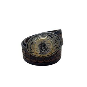 Brown Leather Mens Embossed Belt W/ Gold Oval Ship Engraved Buckle
